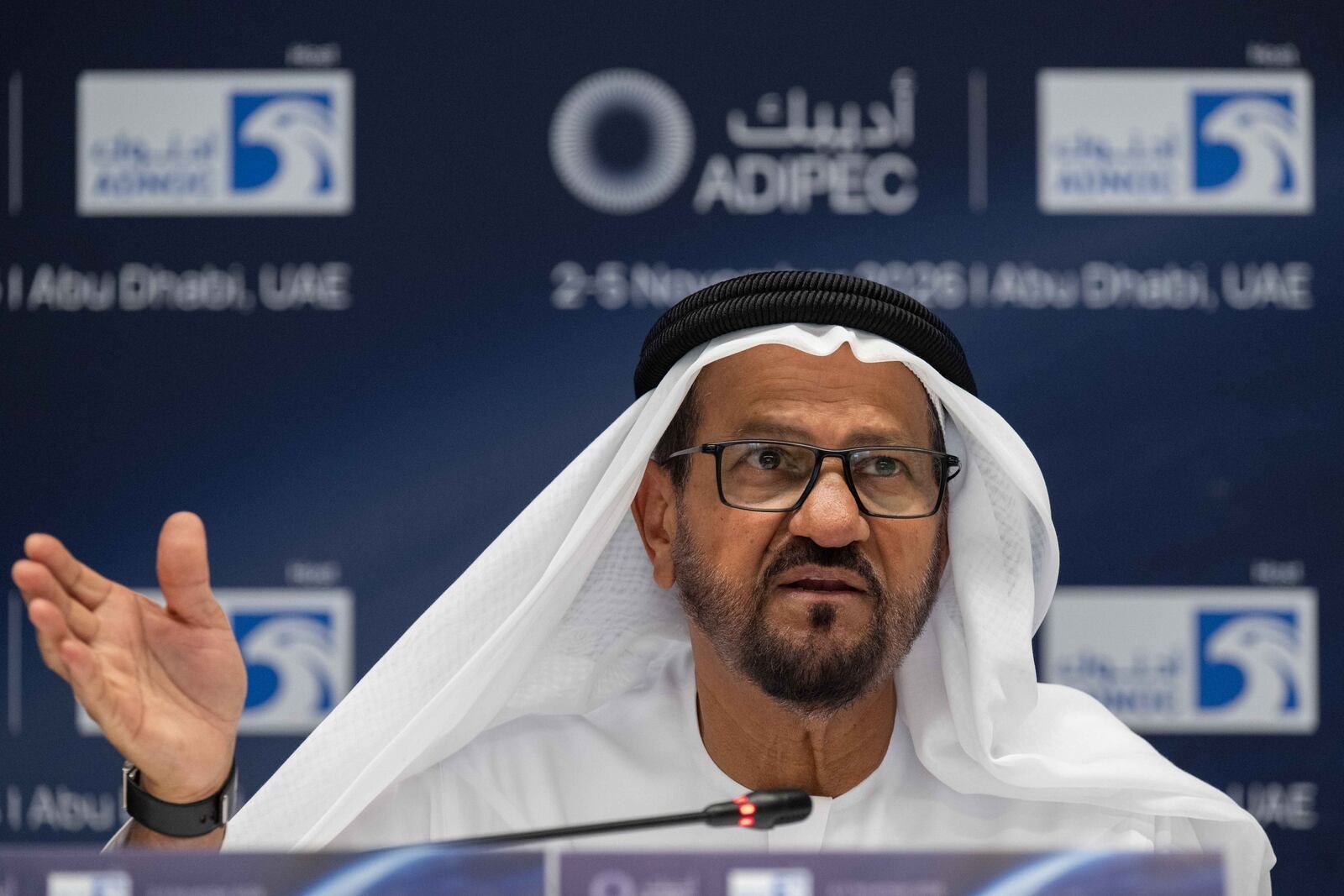 Abdulmunim Al Kindy gestures while speaking at an ADIPEC press conference in Abu Dhabi