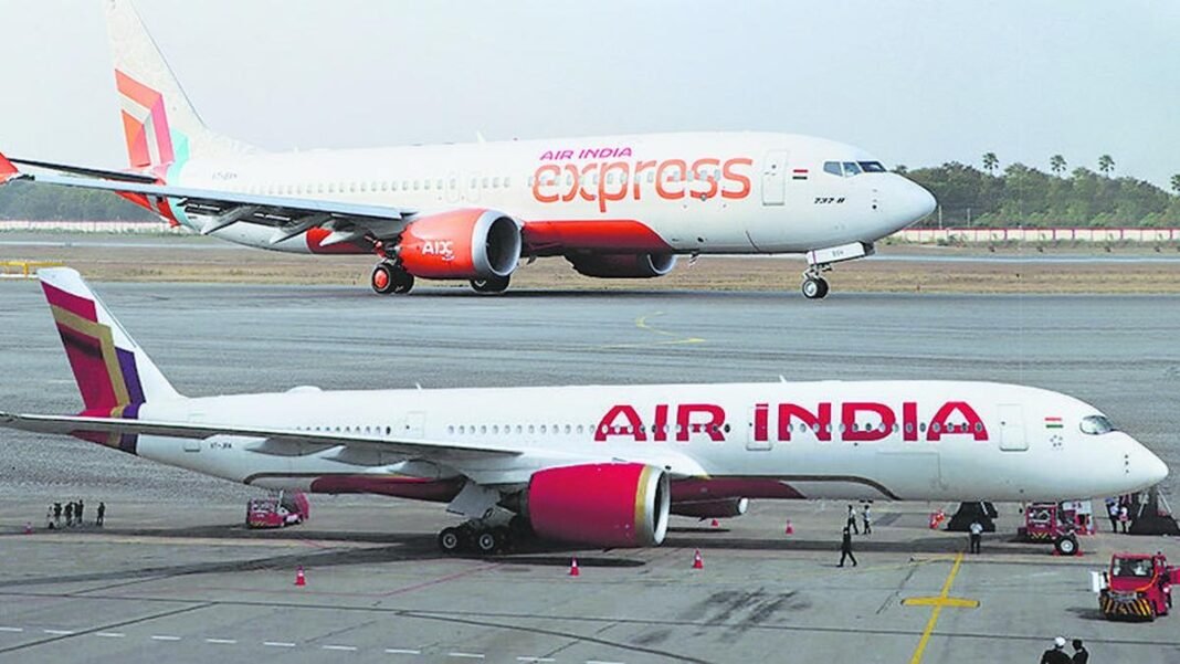 An Air India Express jet and an Air India jet shown one above the other on airport aprons
