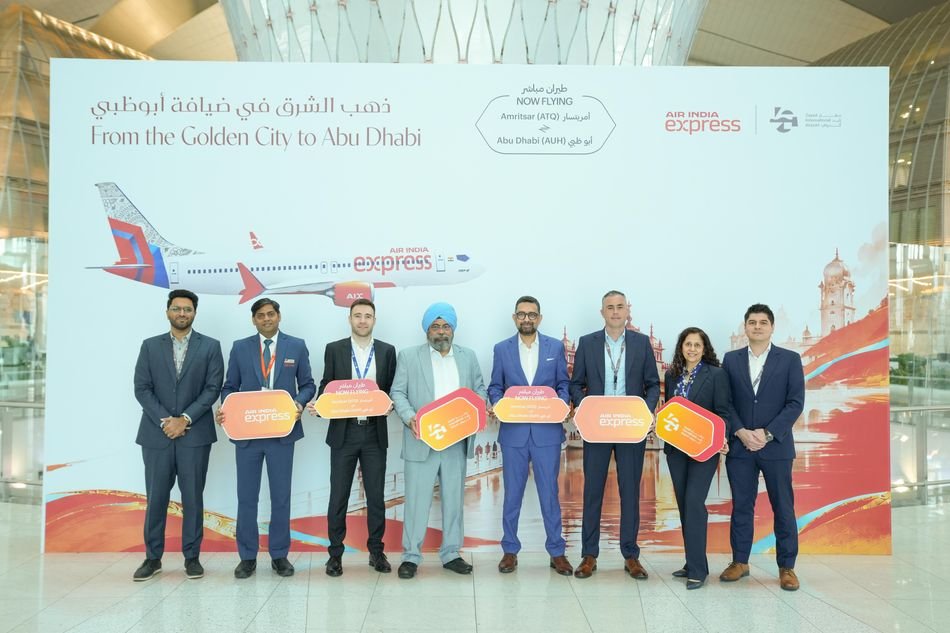 Abu Dhabi Airports and Air India Express officials mark the launch of Amritsar flights at Zayed International Airport