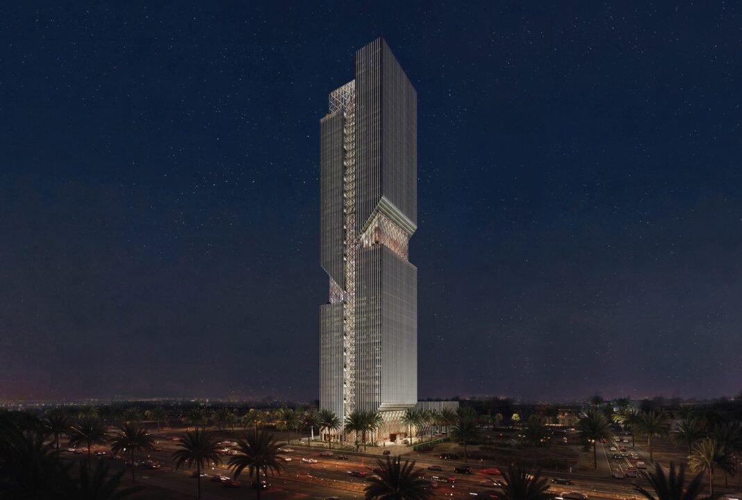 Illustration of a tall slender glass and metal tower lit at night, rising above palm trees and a busy road