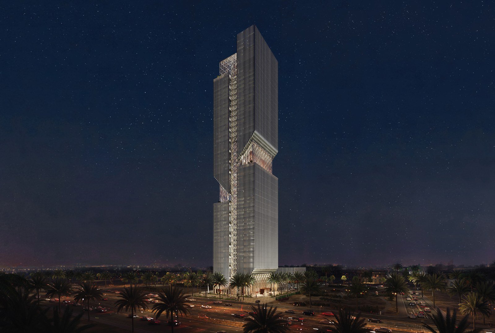 Illustration of a tall slender glass and metal tower lit at night, rising above palm trees and a busy road