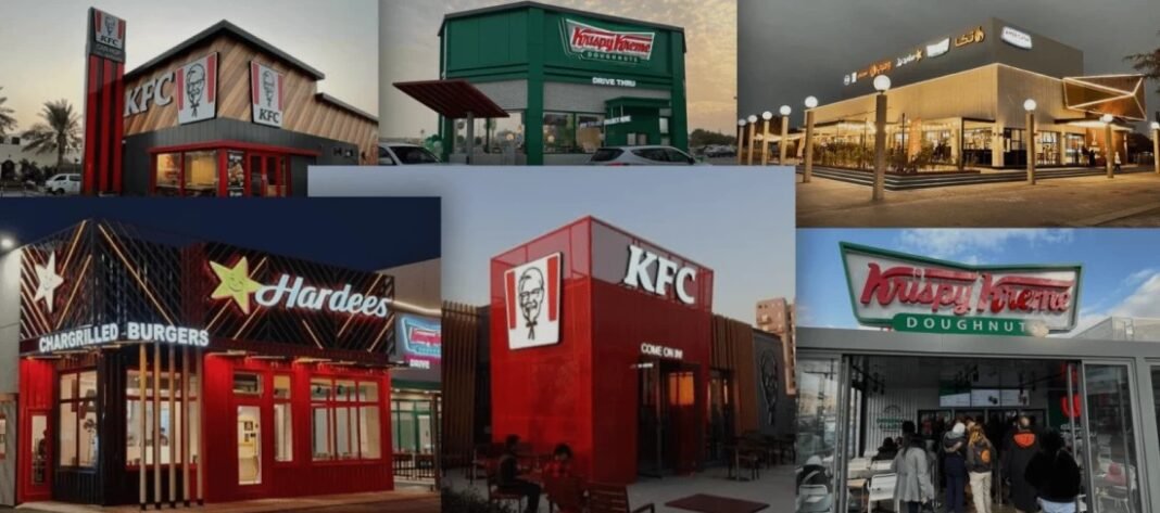 Collage of KFC, Hardee's and Krispy Kreme restaurant fronts operated by Americana Restaurants in the region