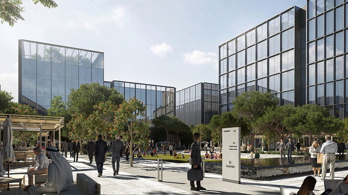 Rendering of glass office buildings around a landscaped plaza with people walking in an Arada development