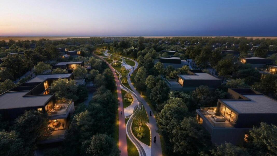 Aerial rendering of villas among tree-lined paths at dusk in a planned Riyadh residential community