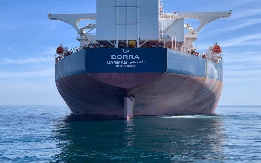 Stern of a very large crude carrier registered in Dammam at sea