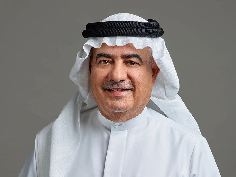 Portrait of Hassan Khalifa Al Jalahma, chairman of the Central Bank of Bahrain, wearing a white ghutra and thobe