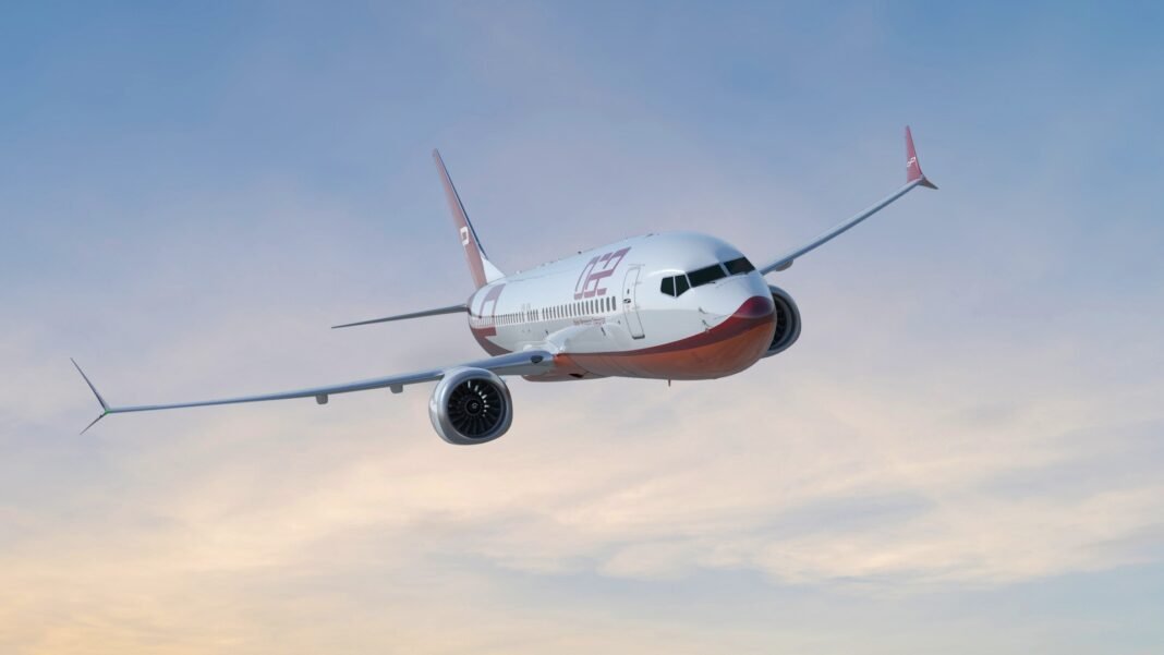 A Boeing 737 MAX aircraft in Dubai Aerospace Enterprise livery flying against a pale evening sky