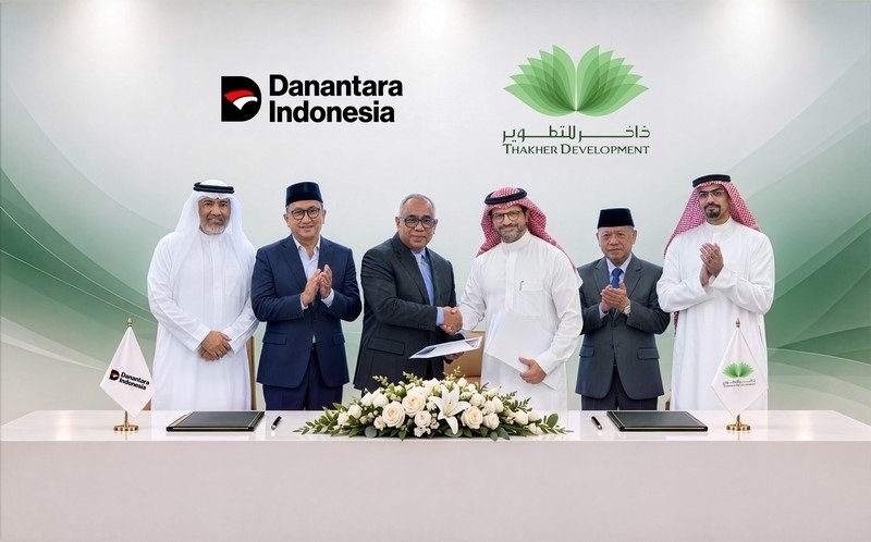 Executives from Danantara Indonesia and Thakher Development shake hands and applaud in front of a backdrop bearing both companies' names