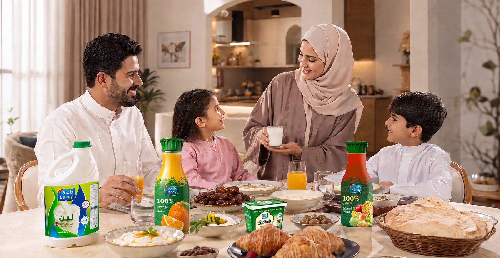 A family at a breakfast table with Dandy laban, juice and dairy products