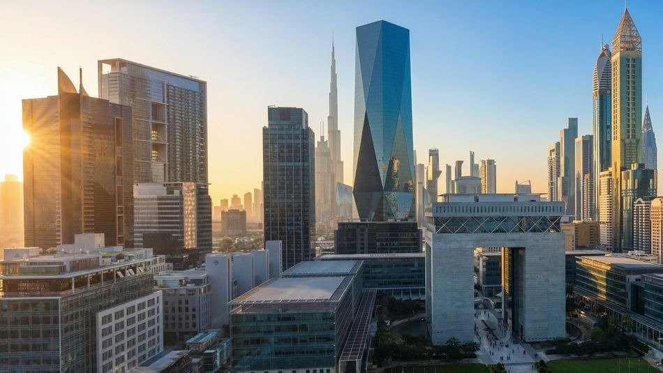 The Gate building at Dubai International Financial Centre surrounded by office towers at sunset