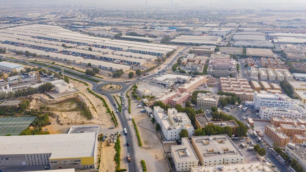 Aerial view of warehouses, offices and residential buildings in Dubai Investments Park