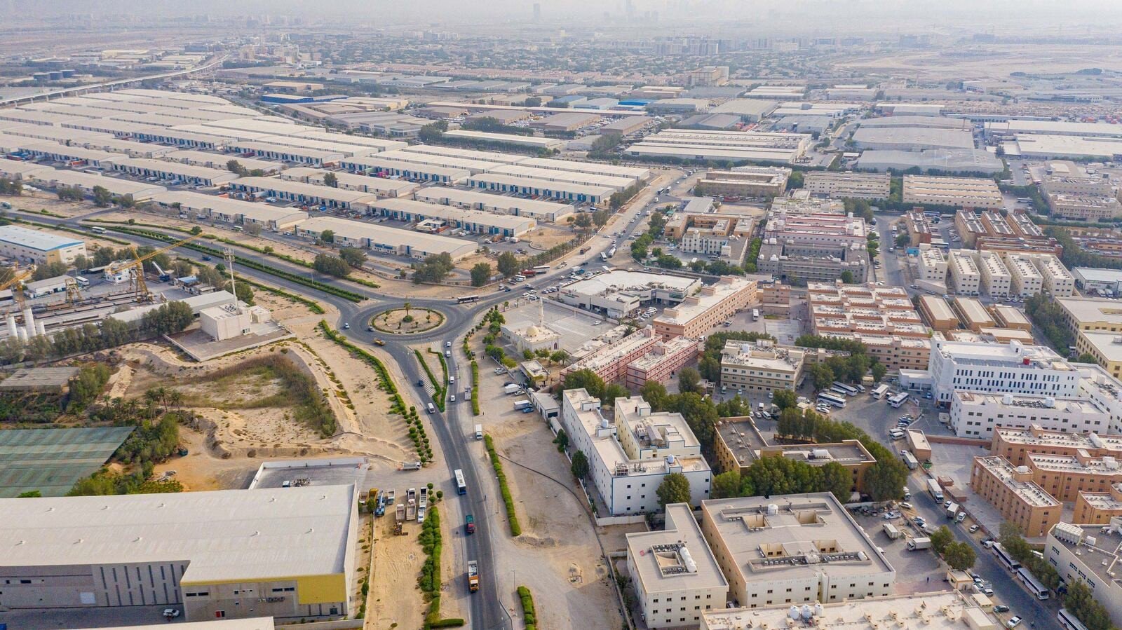 Aerial view of warehouses, offices and residential buildings in Dubai Investments Park