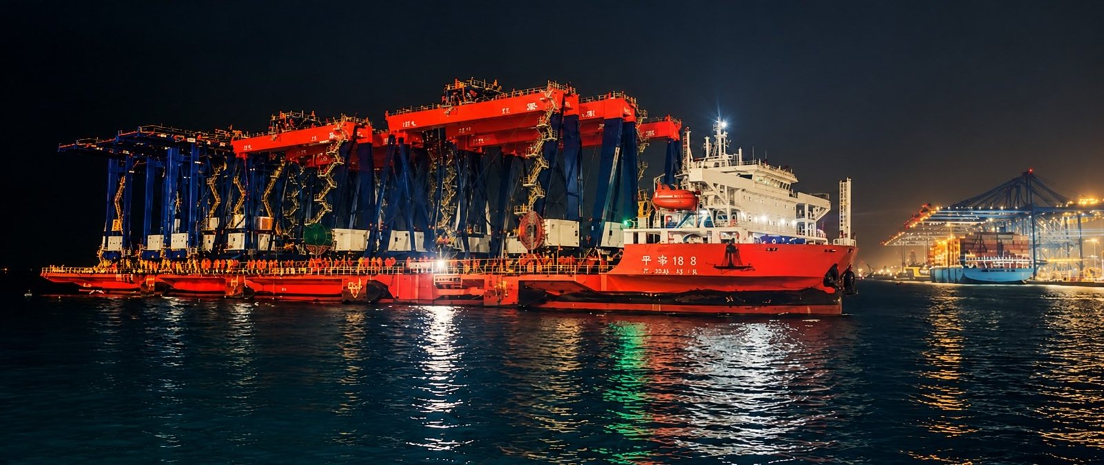 A red heavy-lift ship carrying several blue and red gantry cranes sails at night near a lit container port