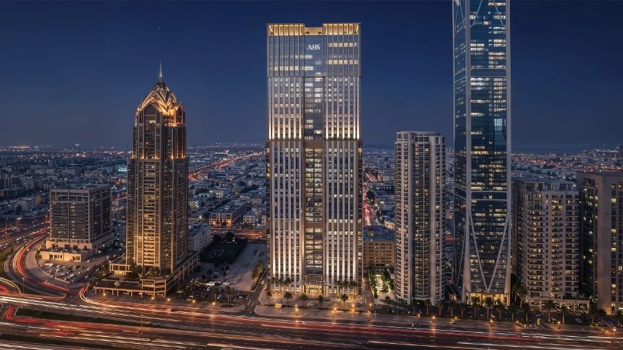 Rendering of the AHS Twin Towers office development on Sheikh Zayed Road in Dubai at night