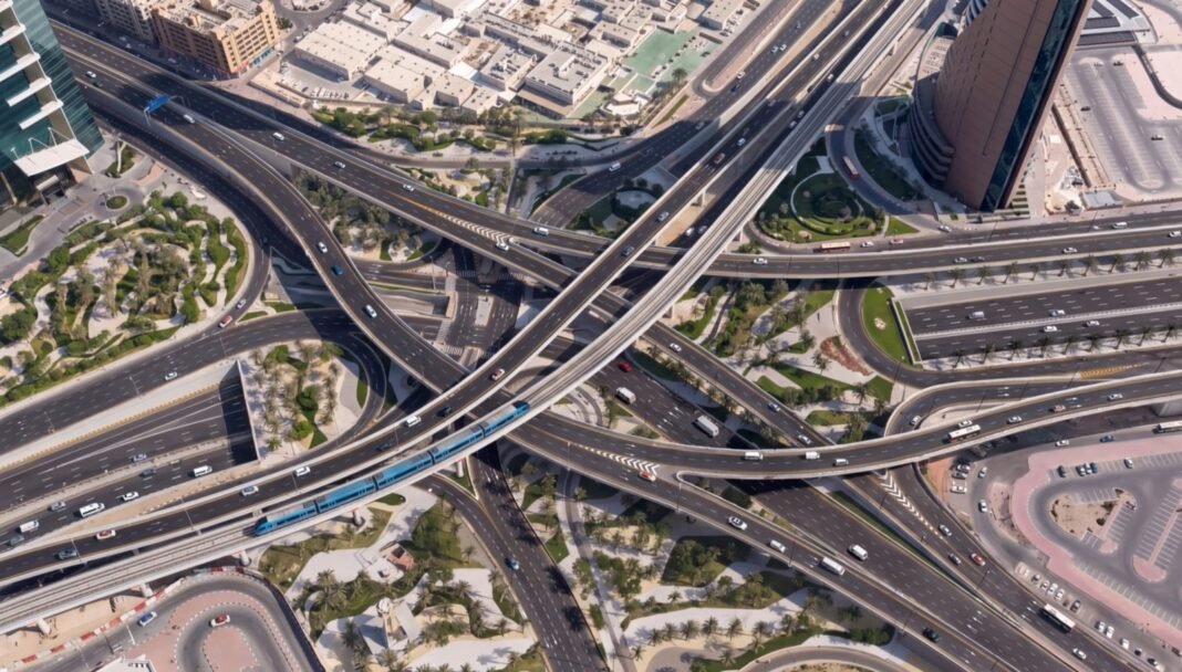 Aerial view of the multi-level World Trade Centre Roundabout interchange on Sheikh Zayed Road in Dubai, with a metro train crossing