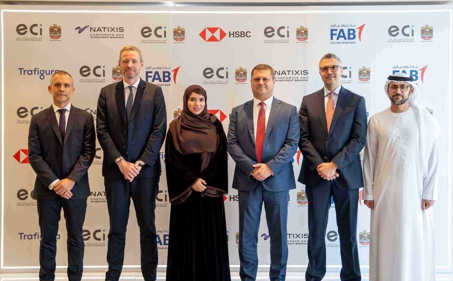 Executives from Etihad Credit Insurance, Trafigura, Natixis, First Abu Dhabi Bank and HSBC at the facility signing
