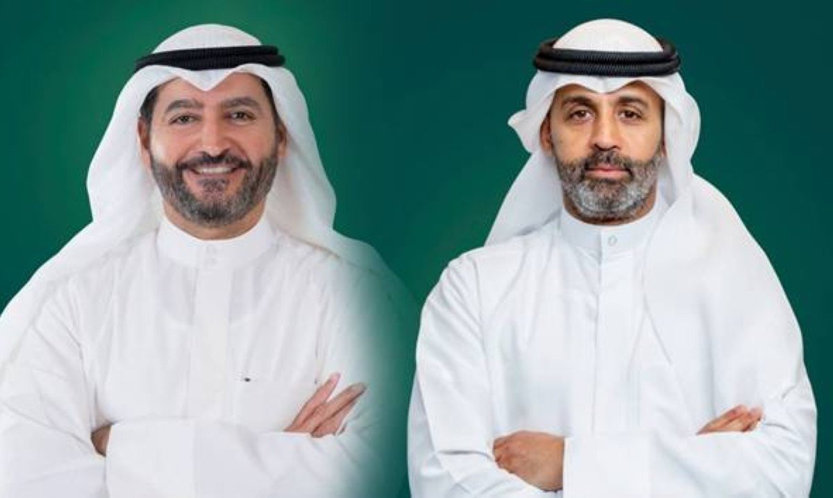 Portraits of Kuwait Finance House Chairman Hamad Al-Marzouq and Group CEO Khaled AlShamlan against a green backdrop