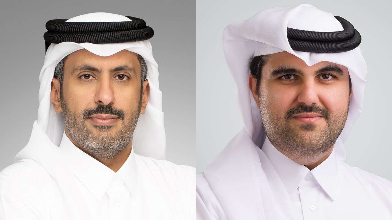 Side-by-side portraits of Lesha Bank Chairman Sheikh Faisal bin Thani Al Thani and Group CEO Mohammed Ismail Al Emadi in white Qatari dress