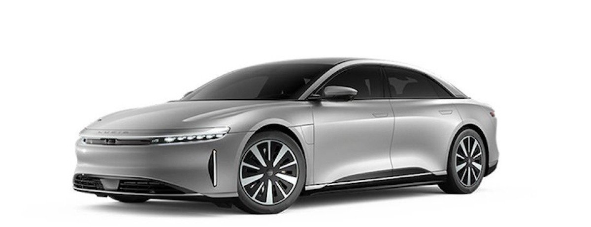 A silver Lucid Air electric sedan