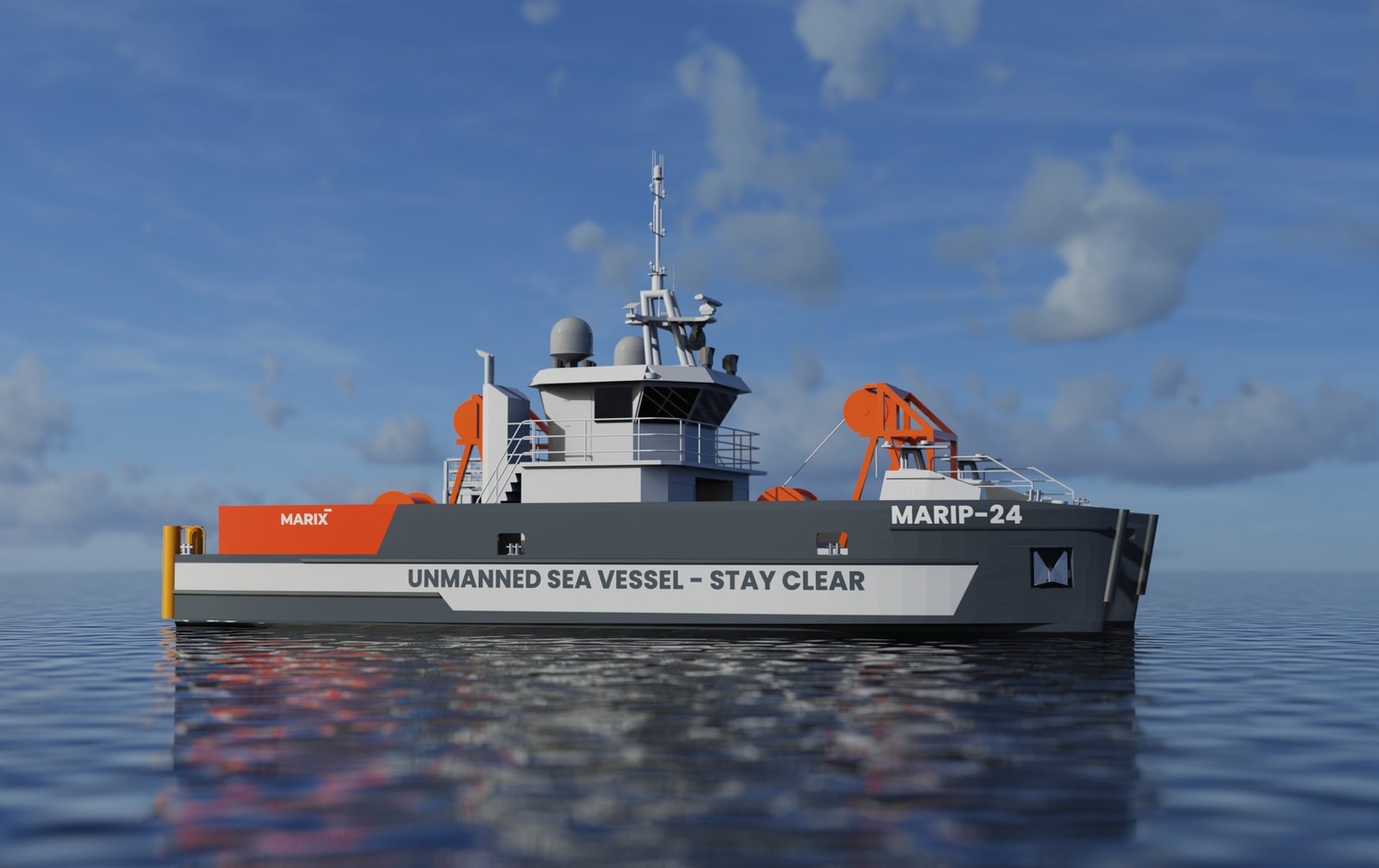 Rendering of the MARIP-24 uncrewed surface vessel at sea, with an orange and gray hull marked Unmanned Sea Vessel