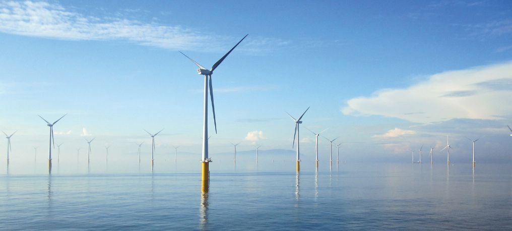 Rows of offshore wind turbines standing in calm sea under a blue sky