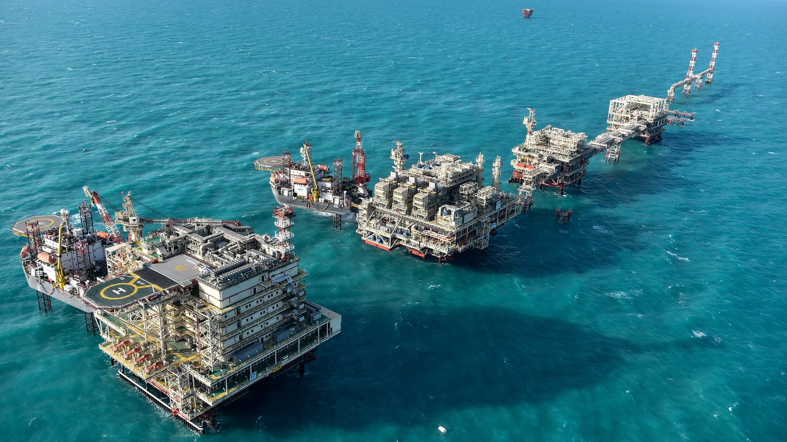 Offshore oil and gas platforms linked by bridges at the Umm Lulu field off Abu Dhabi