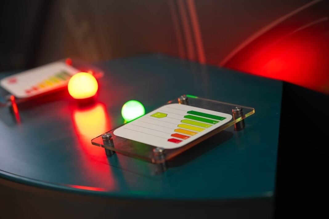 An energy efficiency rating label with colored bars on a table lit by red and green lights