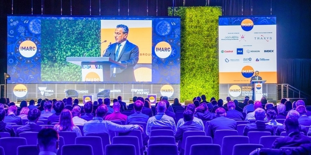 A speaker addresses delegates at the International Mining and Resources Conference in Sydney