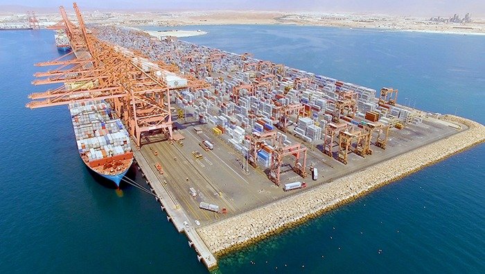 Aerial view of the container terminal at the Port of Salalah in Oman