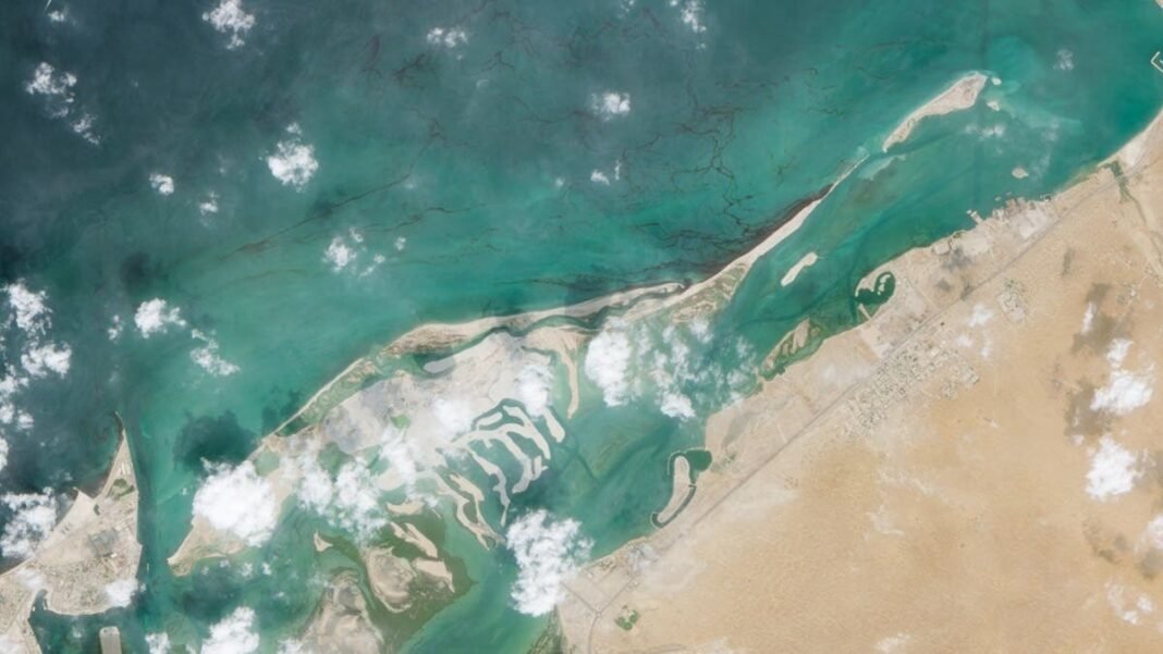 Satellite image showing dark oil slicks in the sea off the UAE coast