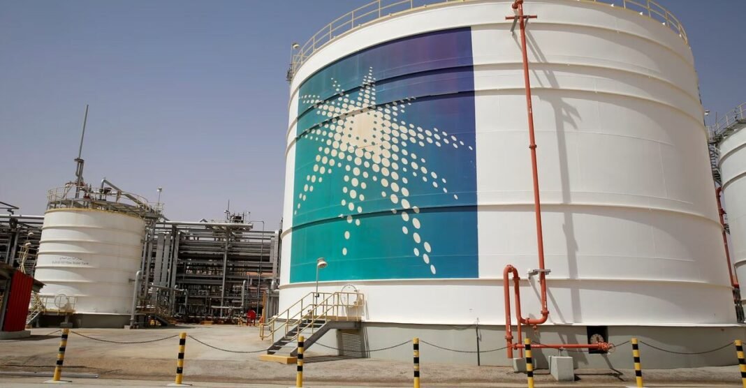 An oil storage tank bearing the Saudi Aramco logo at an Aramco facility in Saudi Arabia