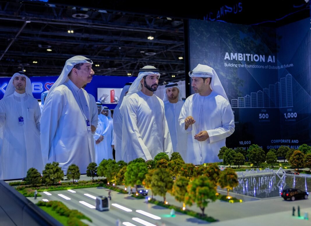 Sheikh Hamdan bin Mohammed bin Rashid Al Maktoum views a model of the Dubai AI Campus at the Dubai AI Festival