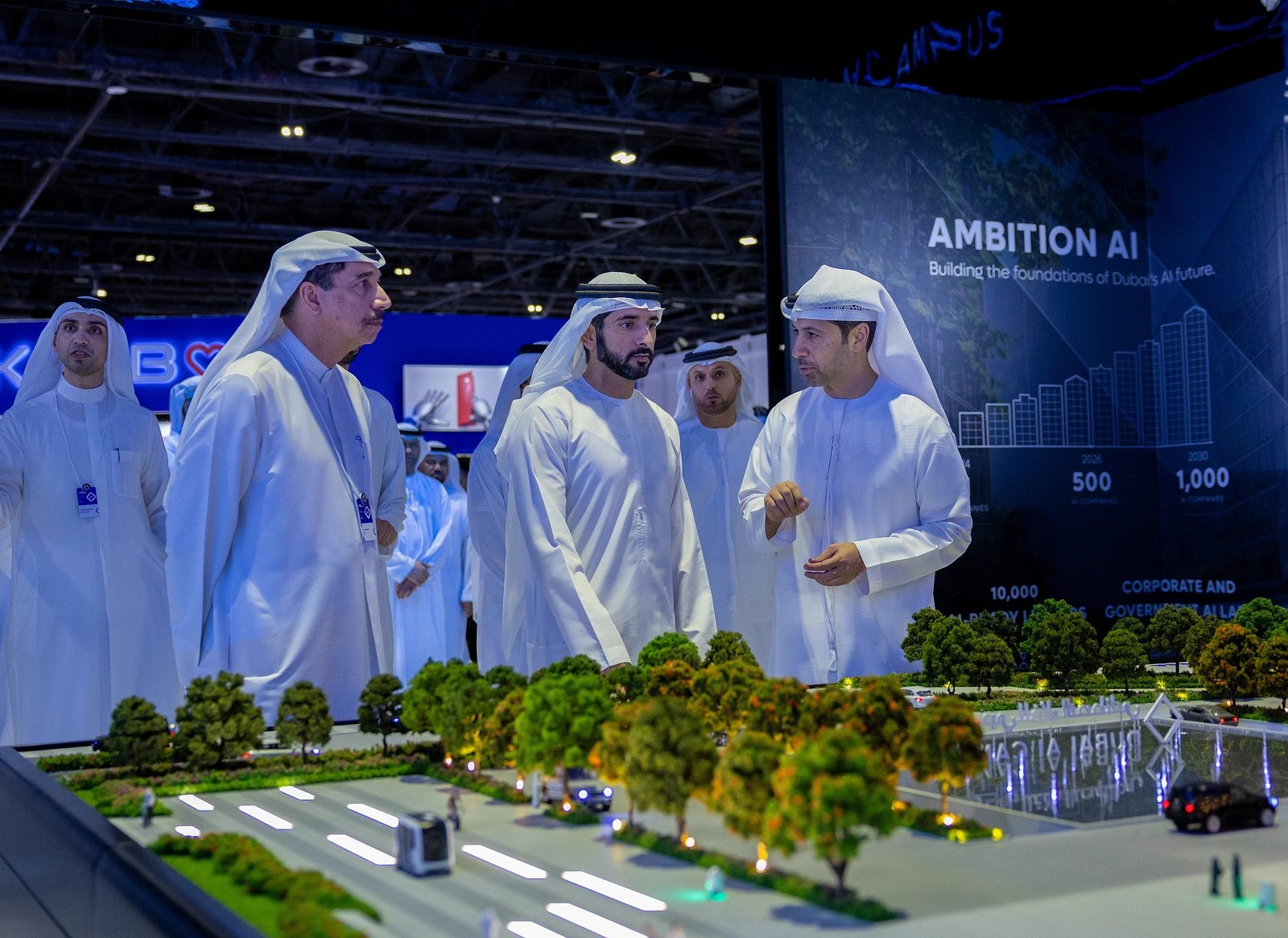 Sheikh Hamdan bin Mohammed bin Rashid Al Maktoum views a model of the Dubai AI Campus at the Dubai AI Festival