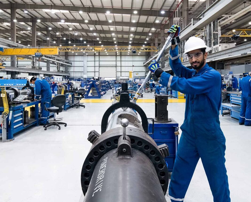 An SLB technician in blue coveralls and a white hard hat tightens a downhole drilling tool in an SLB workshop