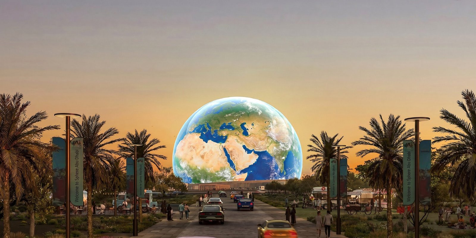 Rendering of Sphere Abu Dhabi with its exterior LED display showing Earth, seen down a palm-lined avenue at dusk