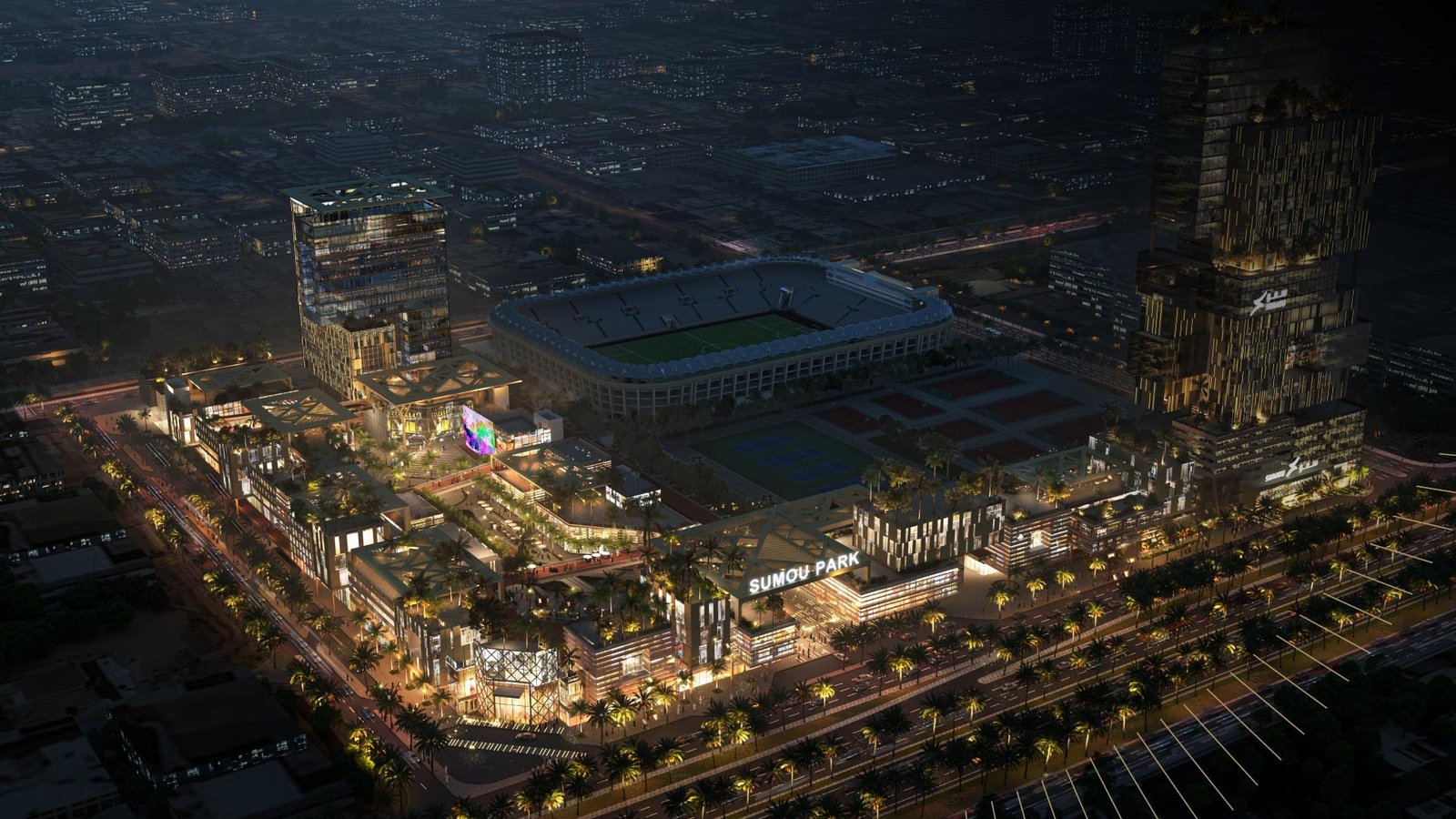 Night-time rendering of the Sumou Park mixed-use development beside a stadium in Riyadh