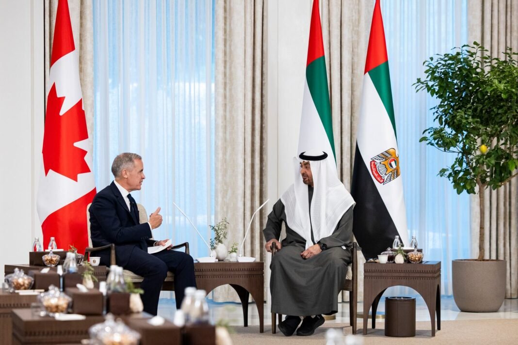 UAE President Sheikh Mohamed bin Zayed Al Nahyan and Canadian Prime Minister Mark Carney in talks in Abu Dhabi, with Canadian and UAE flags behind them
