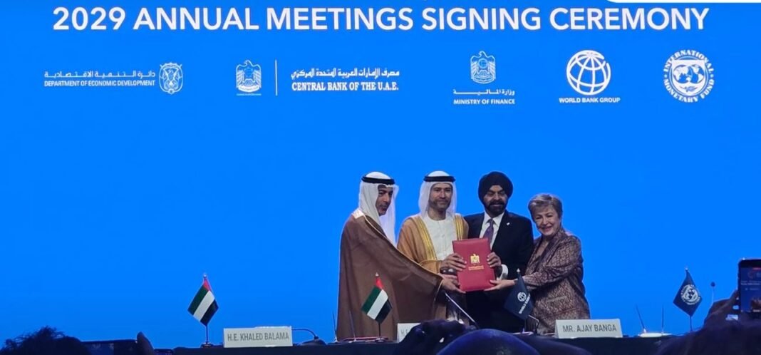 UAE officials, World Bank Group President Ajay Banga and IMF Managing Director Kristalina Georgieva at the 2029 Annual Meetings signing ceremony in Bangkok