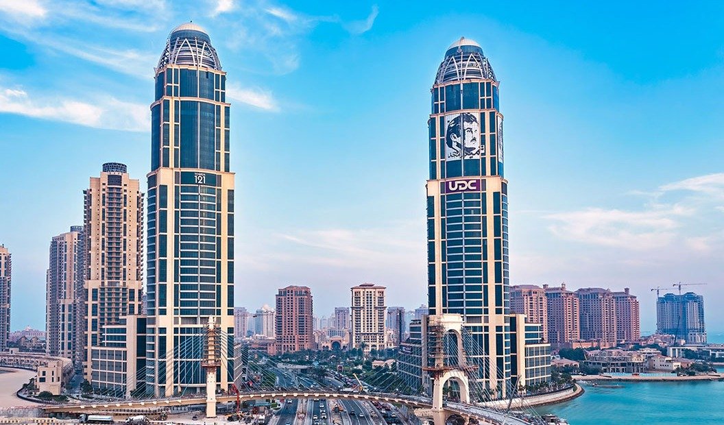 Twin towers at the entrance to The Pearl Island in Doha, Qatar