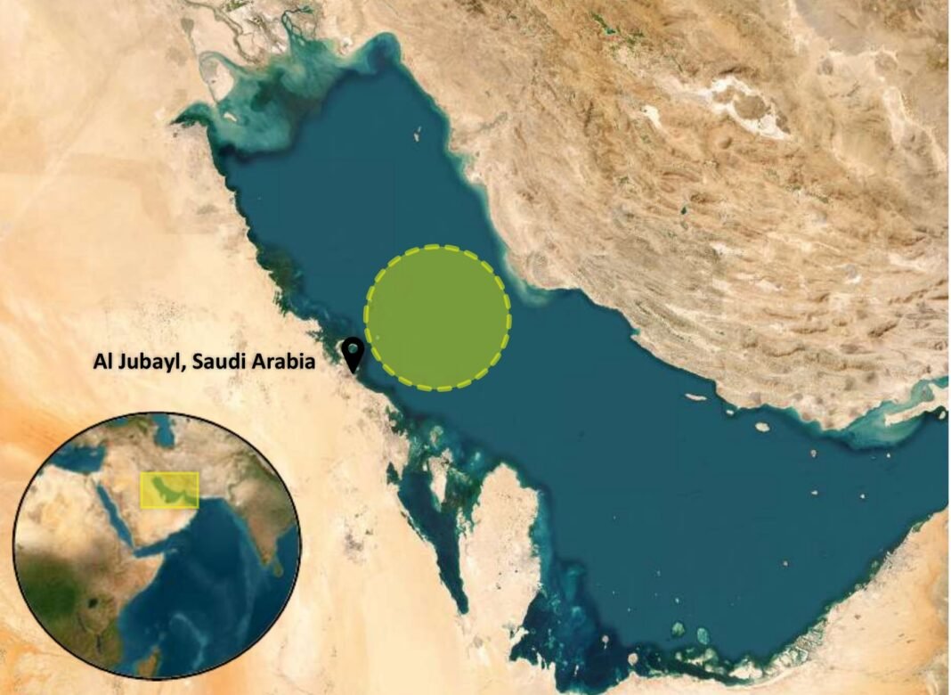 Satellite map of the Gulf with a shaded circle northeast of Al Jubail, Saudi Arabia, marking the area of a tanker attack