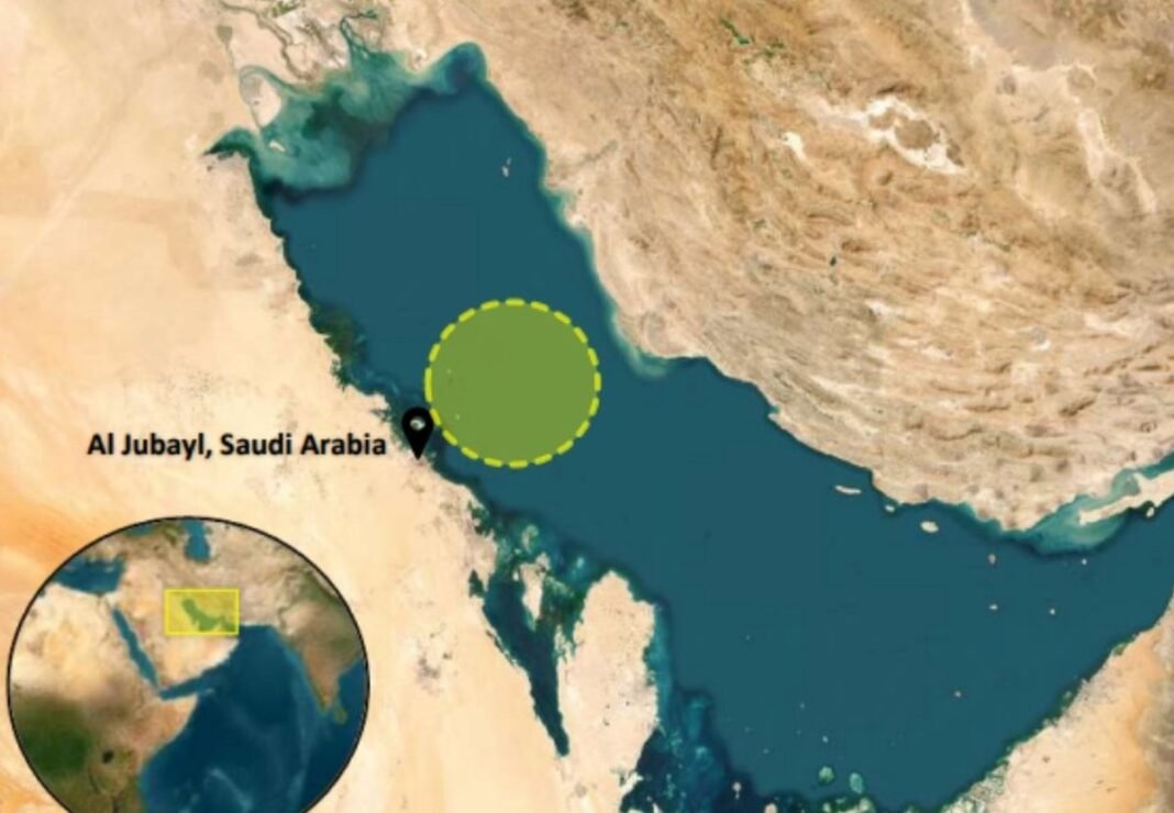 Satellite map of the Gulf with a circle marking the area northeast of Al Jubail, Saudi Arabia, where a tanker was hit