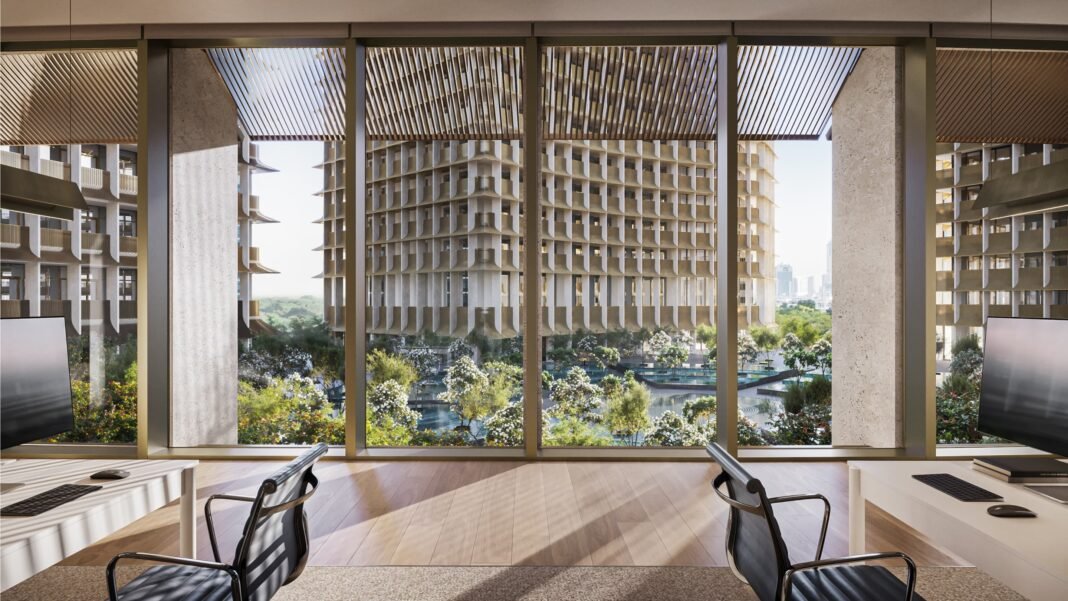 Rendering of an office interior overlooking a landscaped courtyard at Water Gardens in DIFC