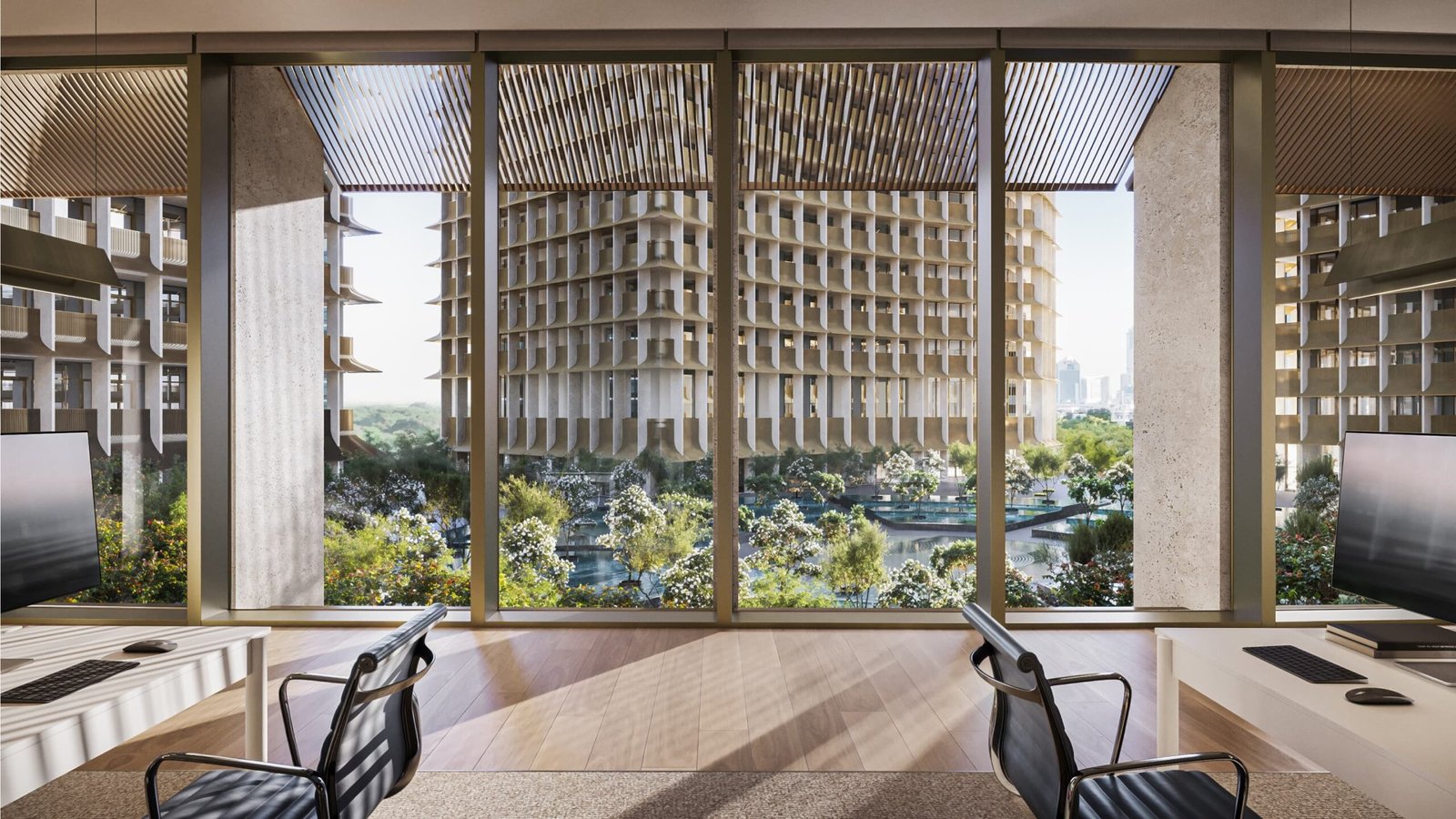 Rendering of an office interior overlooking a landscaped courtyard at Water Gardens in DIFC