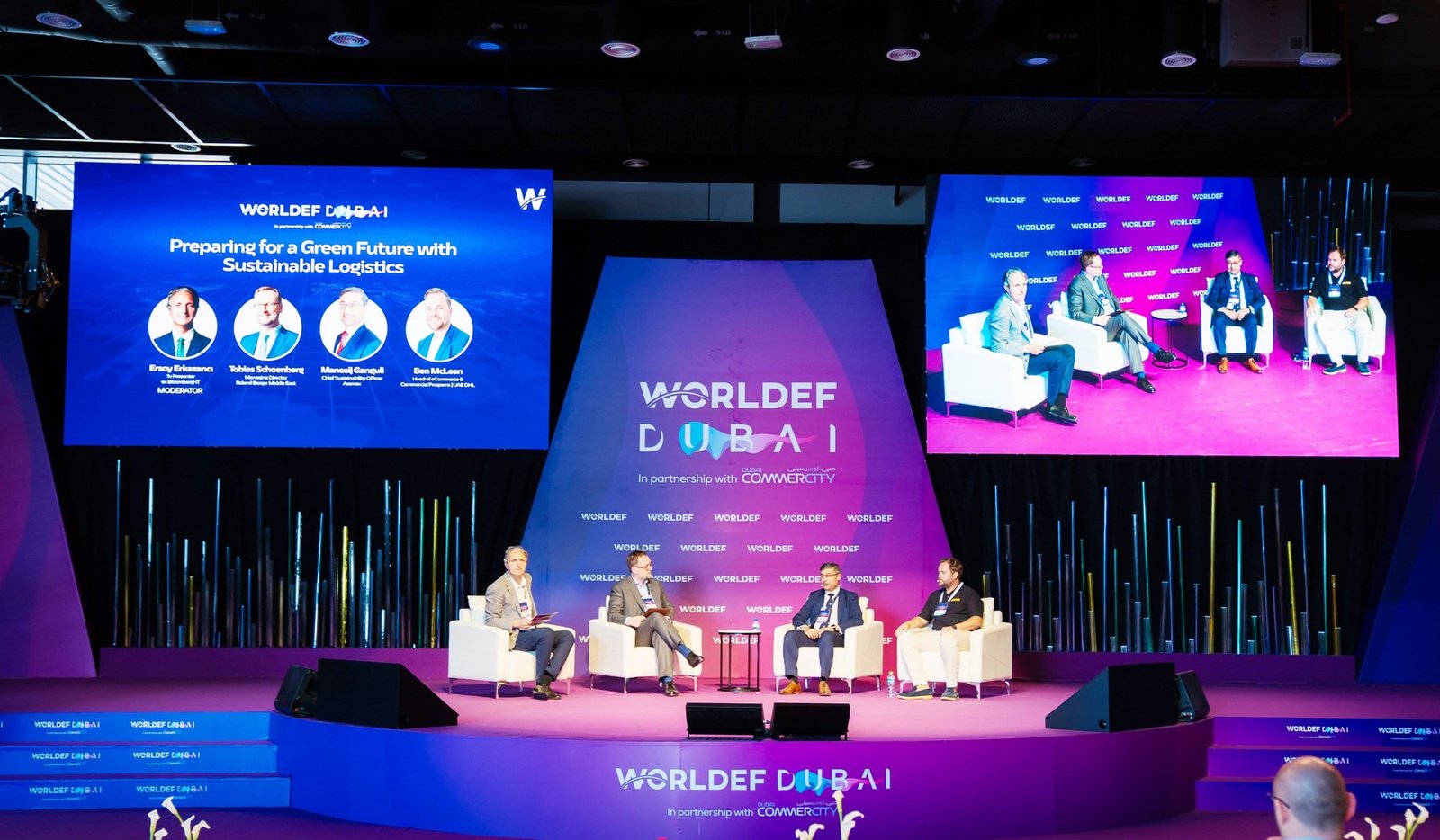 Panelists discuss sustainable logistics on stage at WORLDEF Dubai, held in partnership with Dubai CommerCity