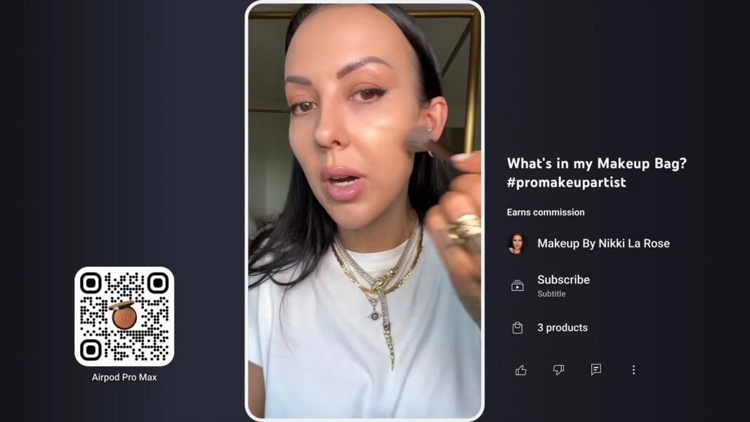 A YouTube video on a TV screen with a QR code for buying tagged products
